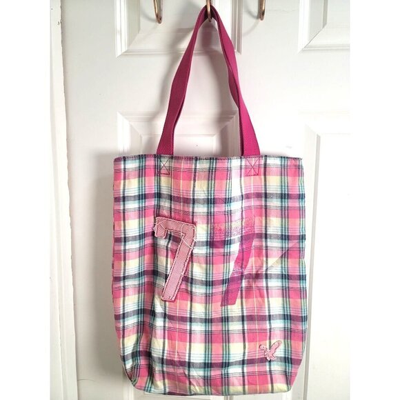 Vintage American Eagle Pink Plaid Canvas Tote Bag With 7 Patch - Picture 1 of 8
